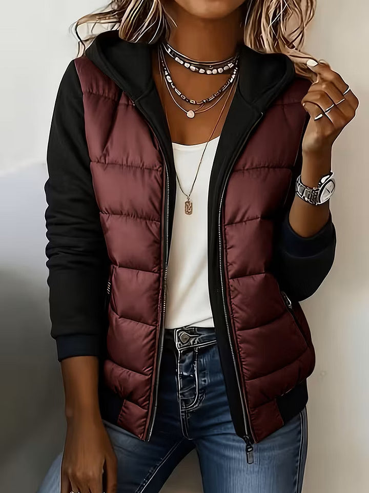 Chaqueta acolchada bicolor para mujer con capucha y cremallera