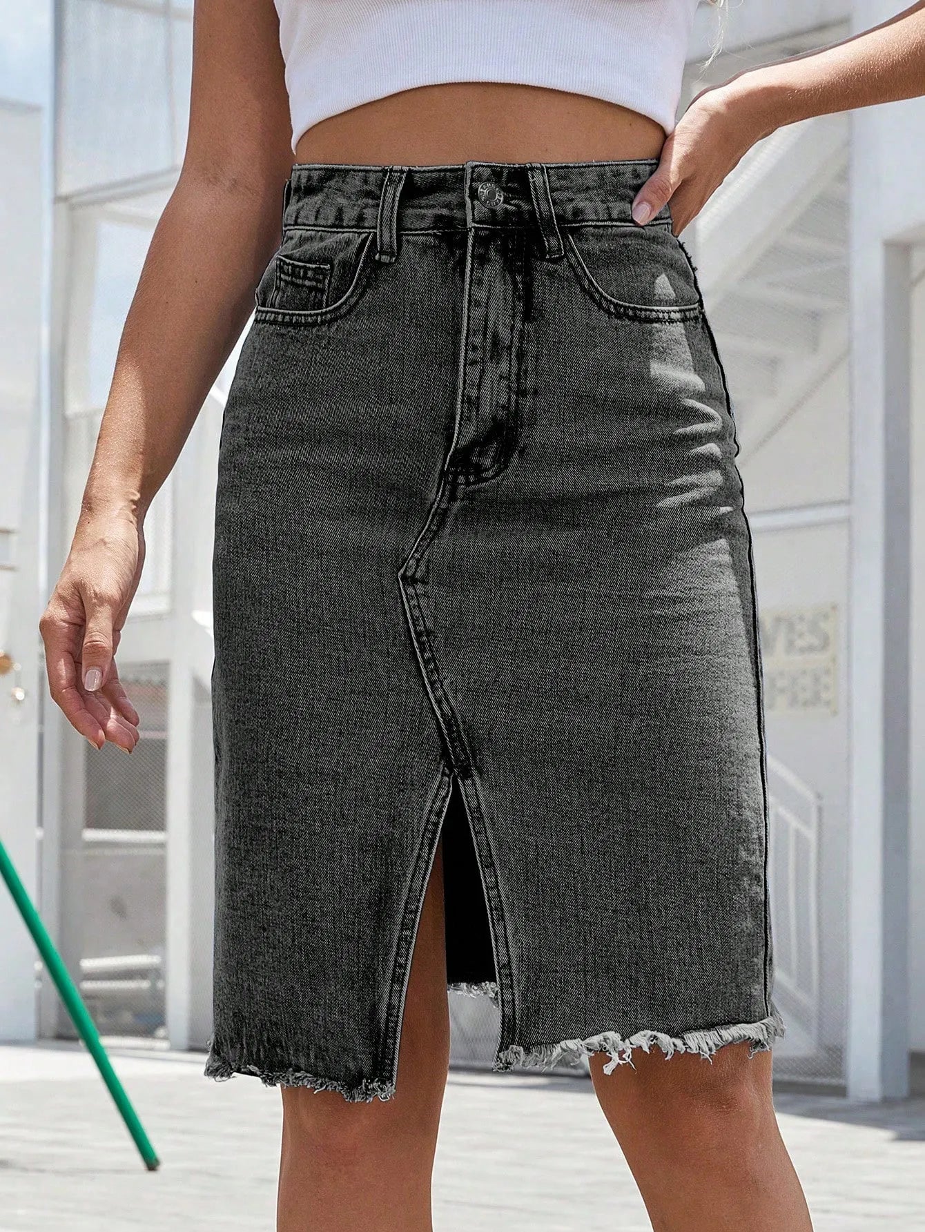Falda midi vaquera mujer talle alto con abertura frontal