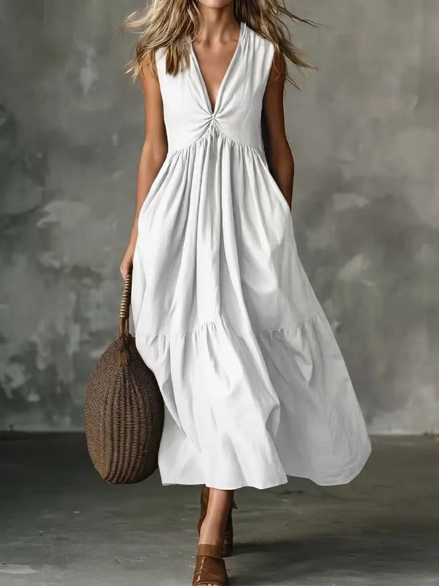 Vestido midi sin mangas para mujer con escote en V y bolsillos