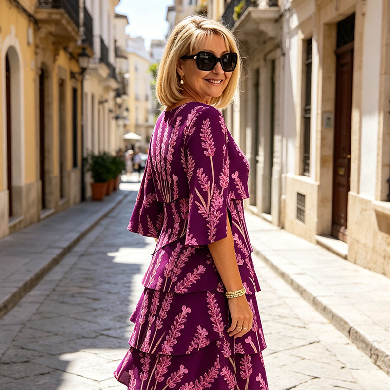 Vestido midi mujer estampado lavanda volantes escalonados mangas abiertas elegante