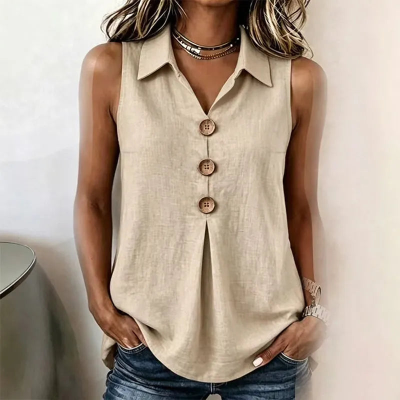 Camisa sin mangas mujer con cuello solapa y botones decorativos