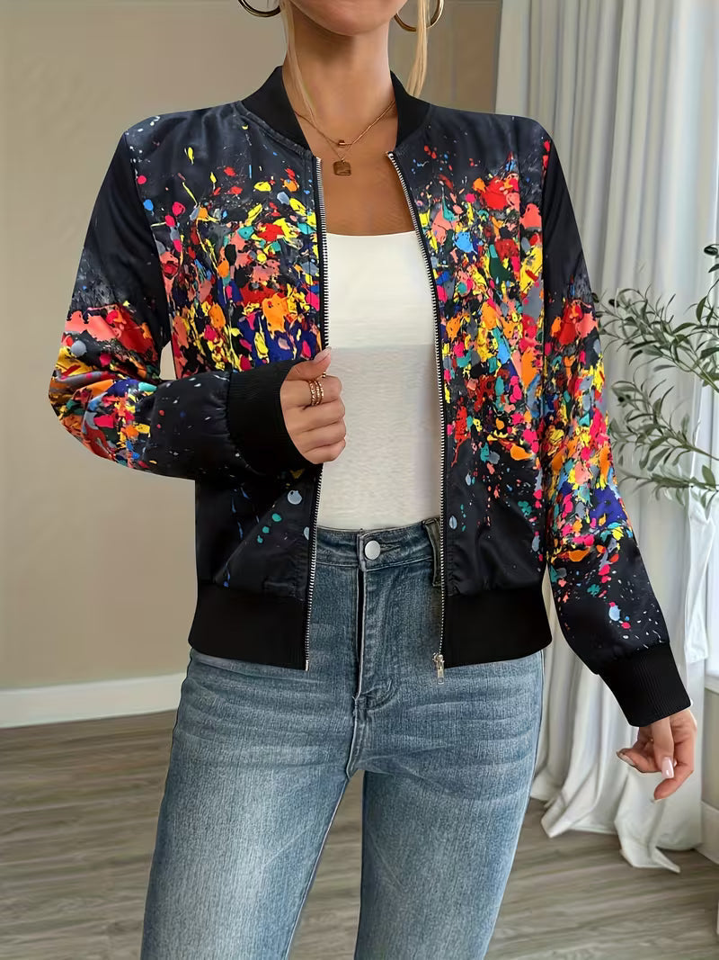 Chaqueta bomber de mujer con estampado abstracto y cremallera