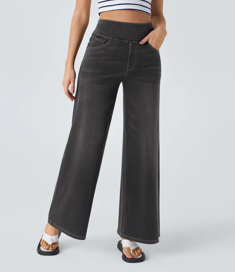Jean mujer pierna ancha talle alto denim elástico moldeador casual moderno