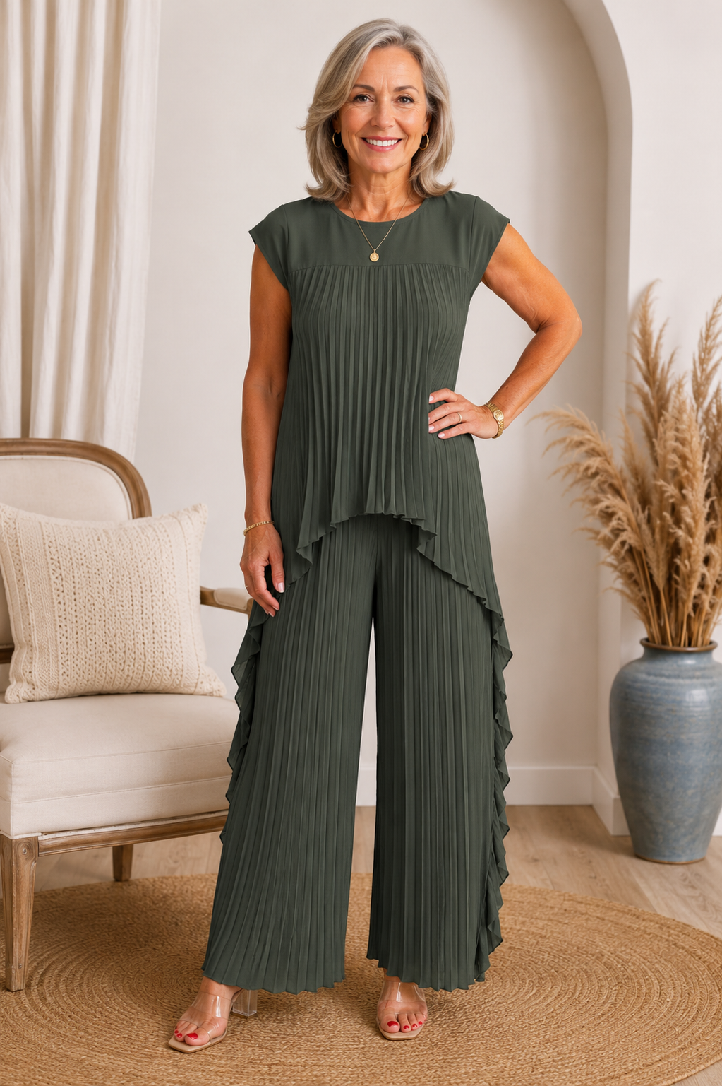 Conjunto de mujer plisado con pantalón ancho