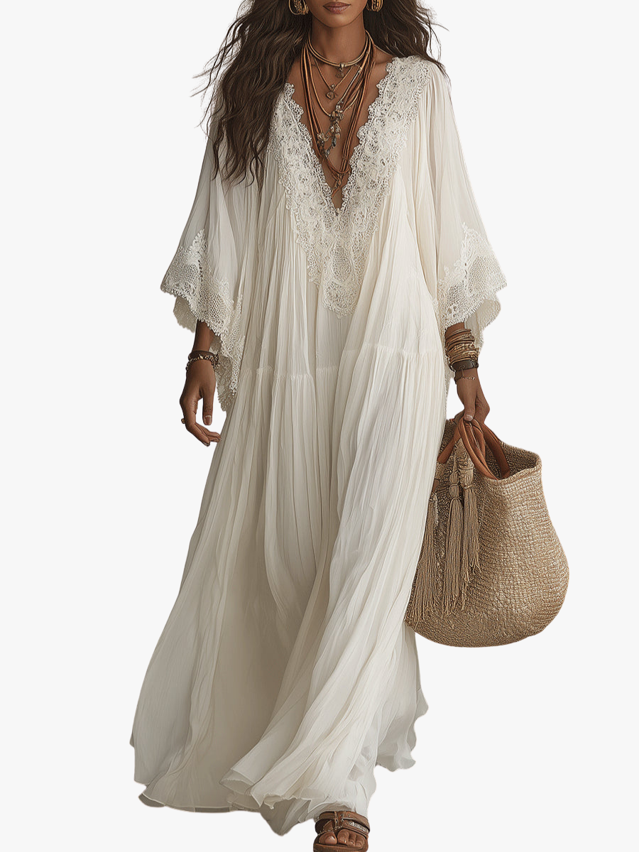 Vestido maxi de mujer con encaje y escote en V bohemio fluido