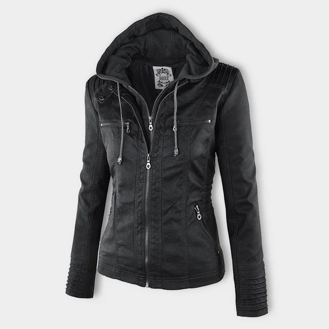 Chaqueta efecto cuero para mujer con capucha y cremallera