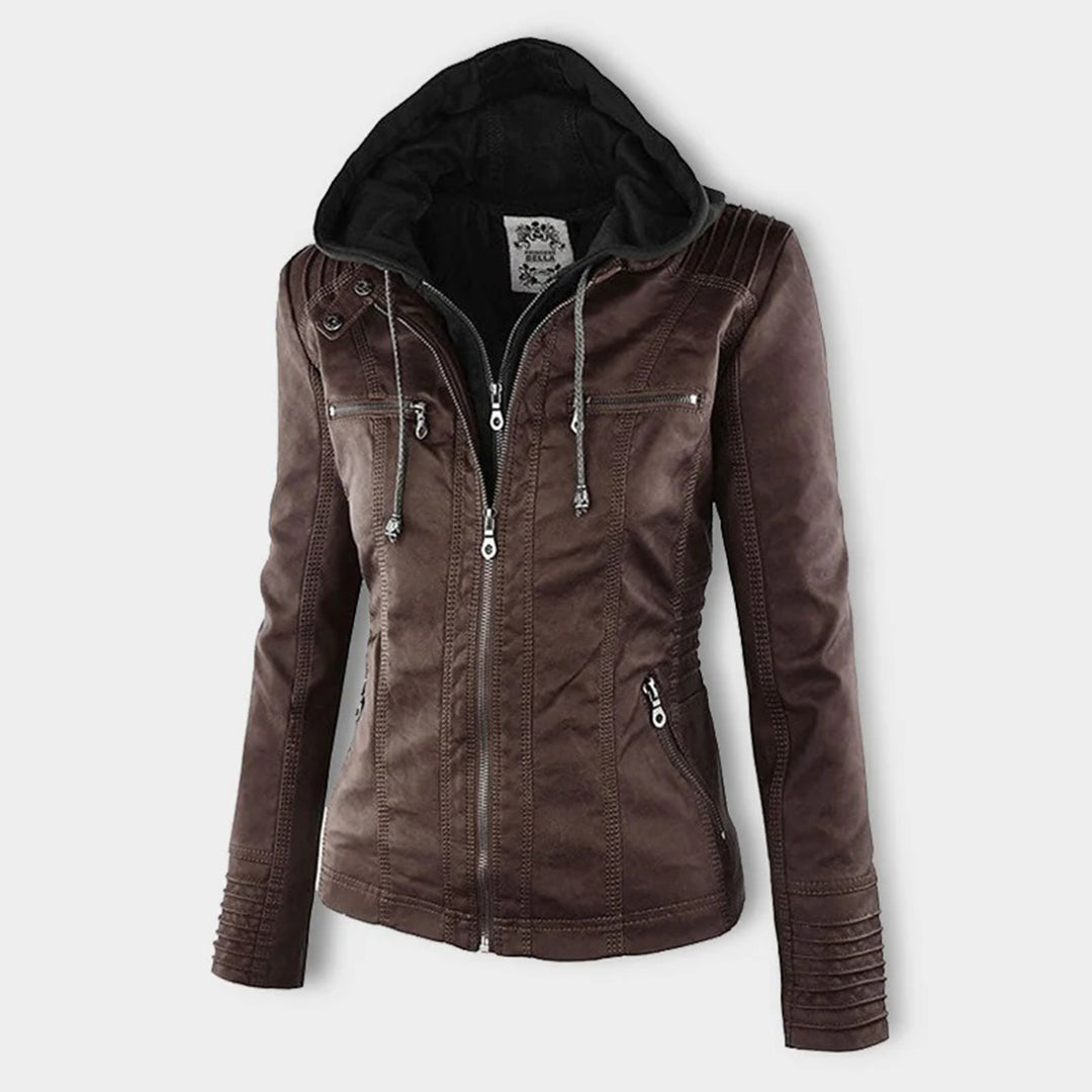 Chaqueta efecto cuero para mujer con capucha y cremallera