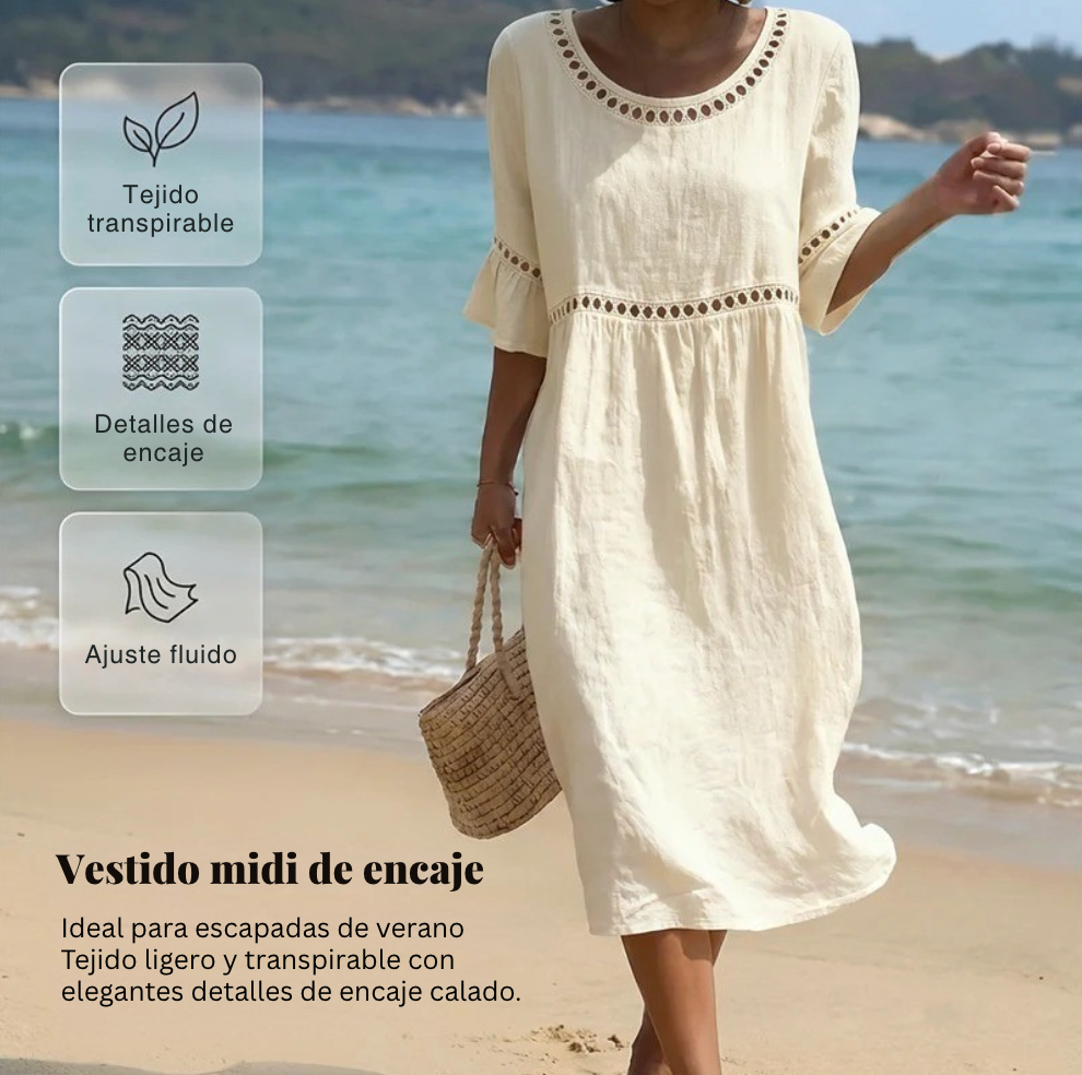 Vestido mujer midi lino algodón ajouré cuello redondo mangas volantes