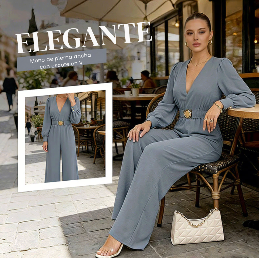 Mono Elegante Mujer Escote V Cinturón Ancho