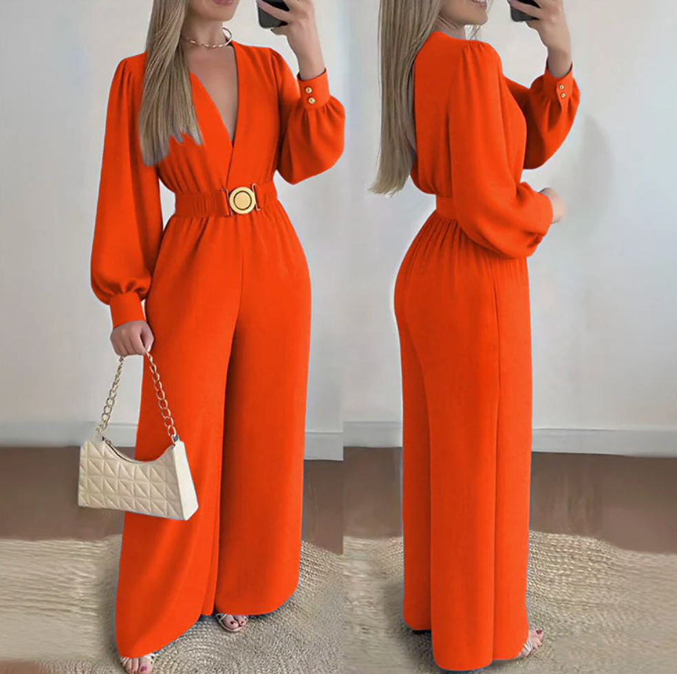 Mono Elegante Mujer Escote V Cinturón Ancho