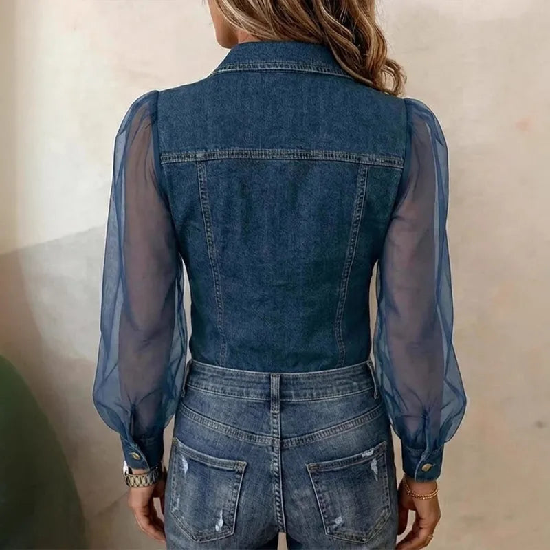 Camisa denim mujer con mangas transparentes de malla