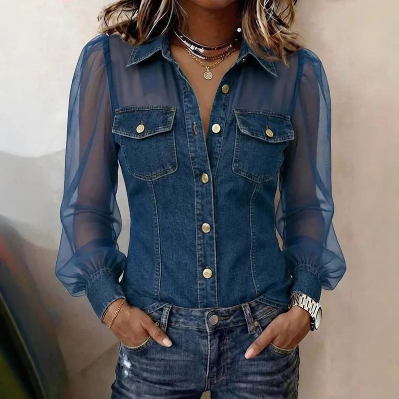 Camisa denim mujer con mangas transparentes de malla