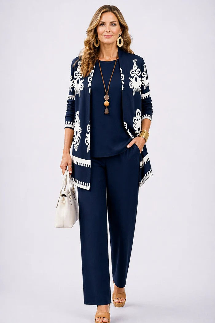 Conjunto mujer de tres piezas con cárdigan estampado elegante