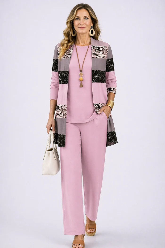 Conjunto mujer de tres piezas con cárdigan estampado elegante