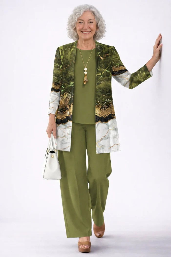 Conjunto mujer de tres piezas con cárdigan estampado elegante