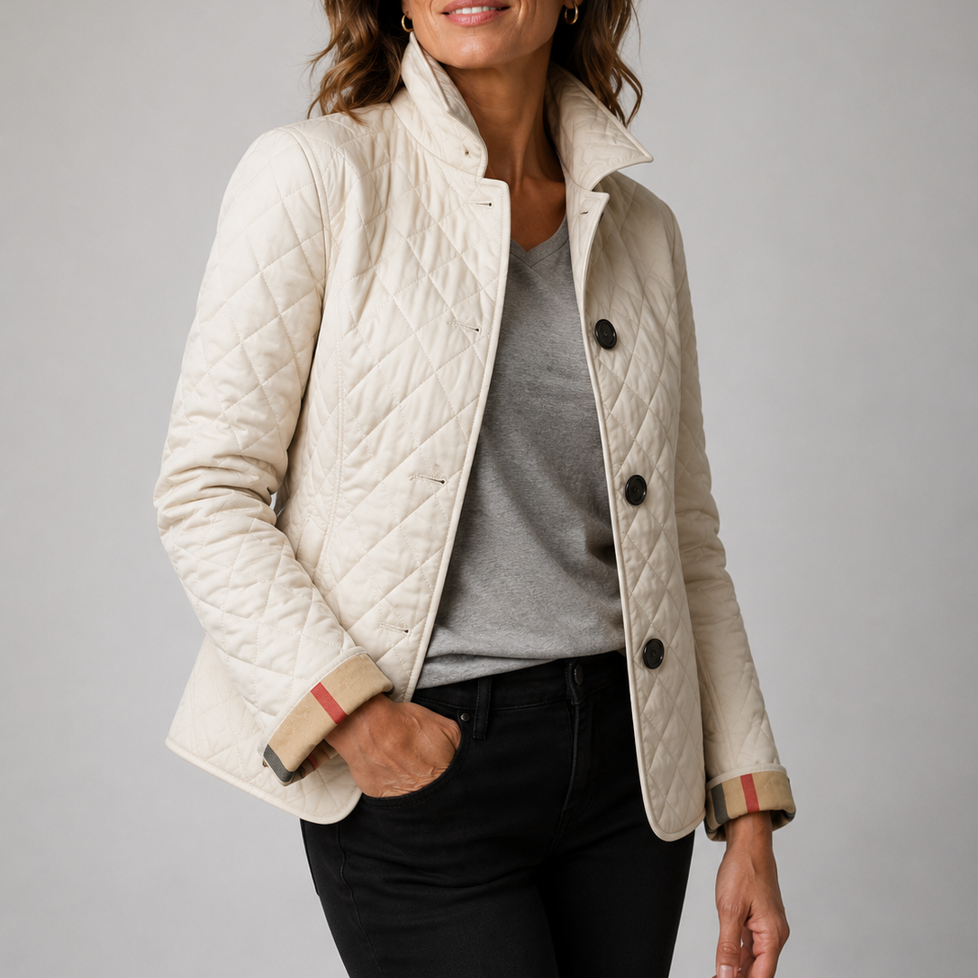 Chaqueta acolchada de mujer con cuello alto y botones frontales