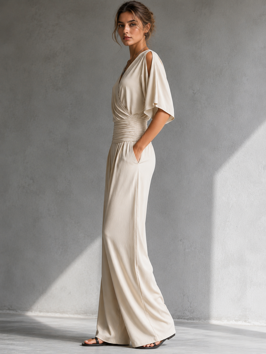 Mono elegante mujer con escote cruzado y cintura fruncida