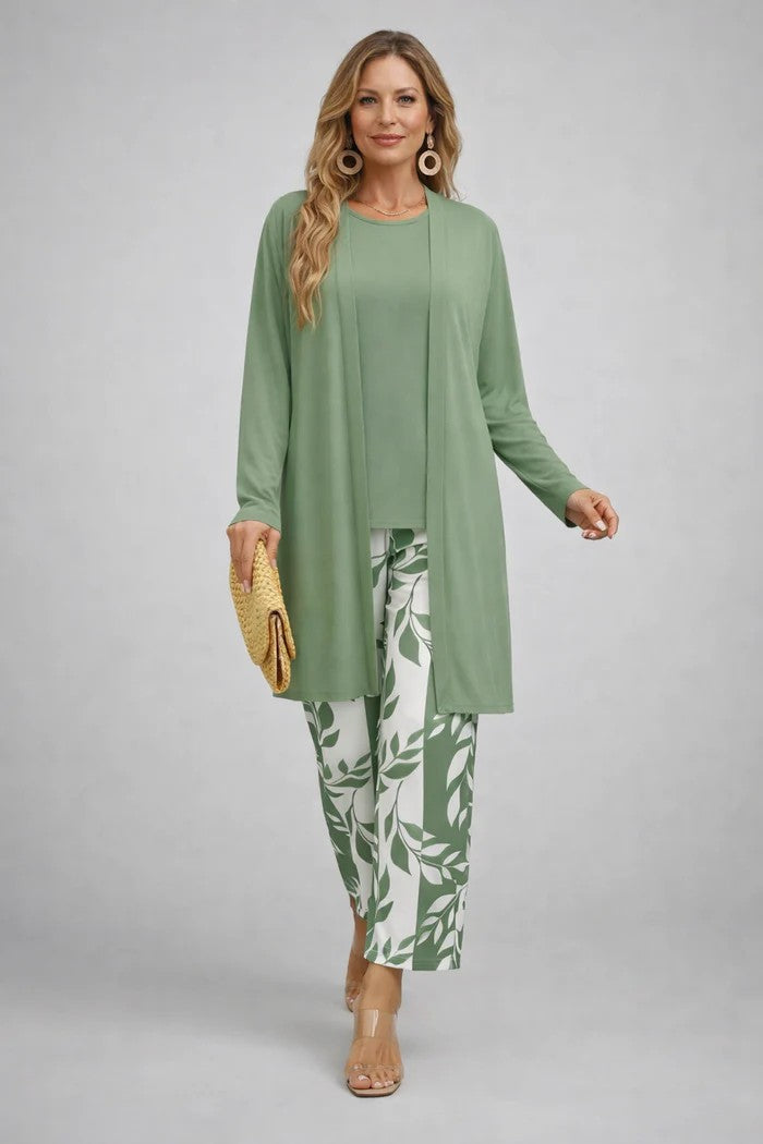 Conjunto mujer de tres piezas con cárdigan estampado elegante