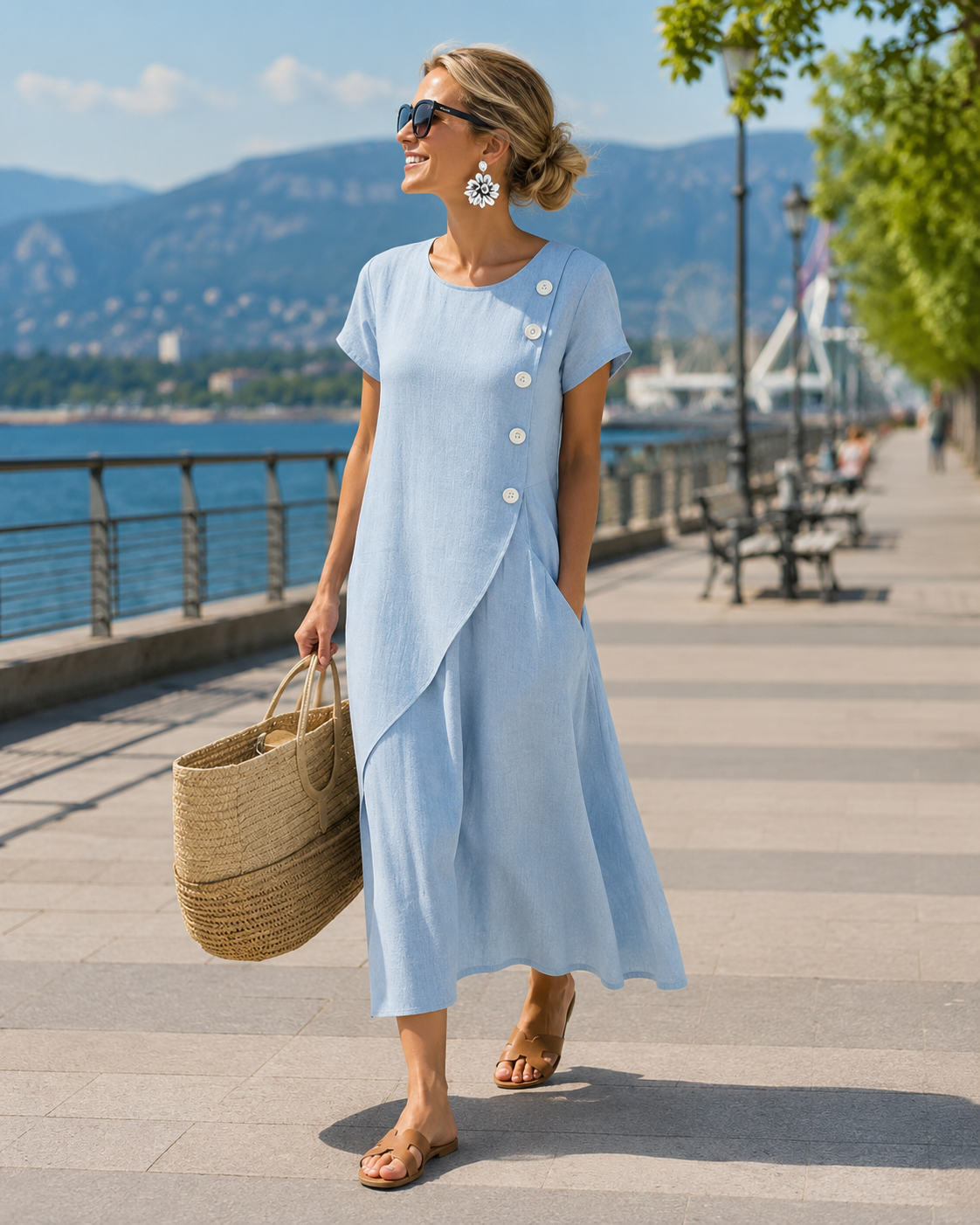 Vestido midi mujer efecto lino con botones asimétricos y bolsillos