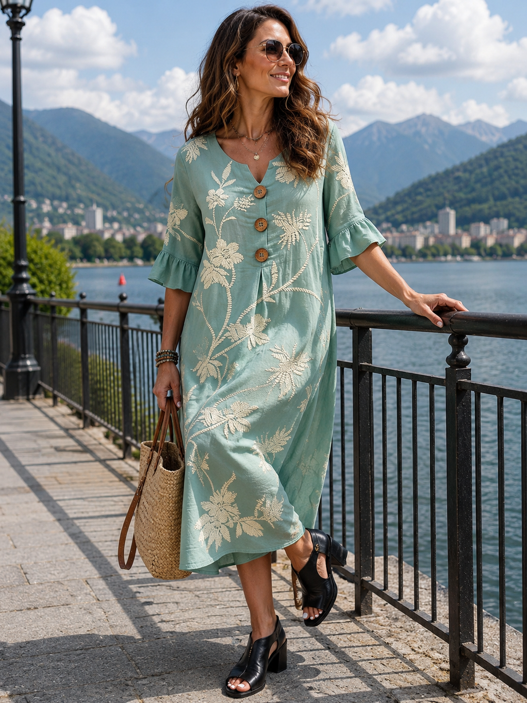 Vestido mujer algodón floral con botones y mangas 3/4