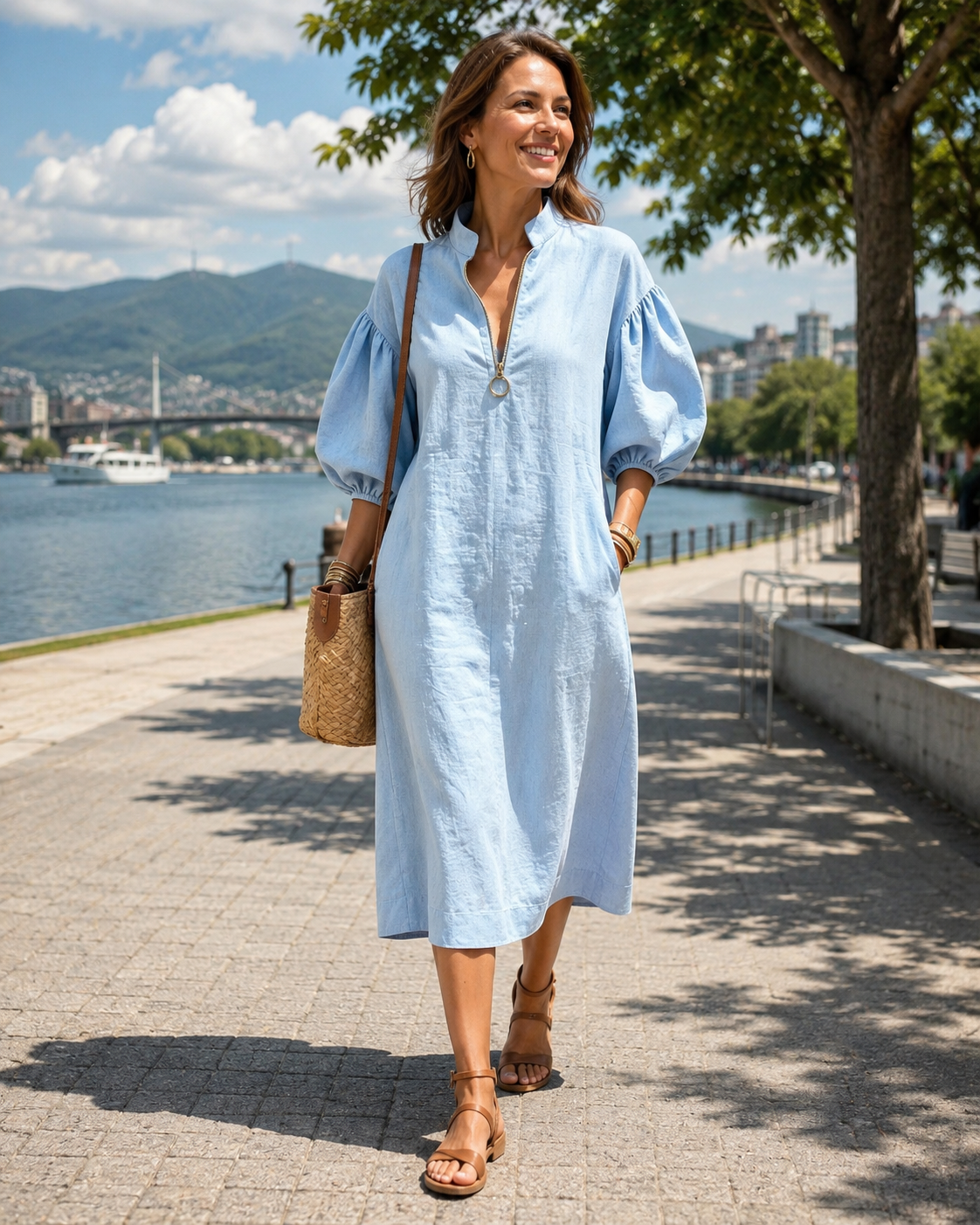 Vestido mujer fluido con mangas abullonadas y cremallera