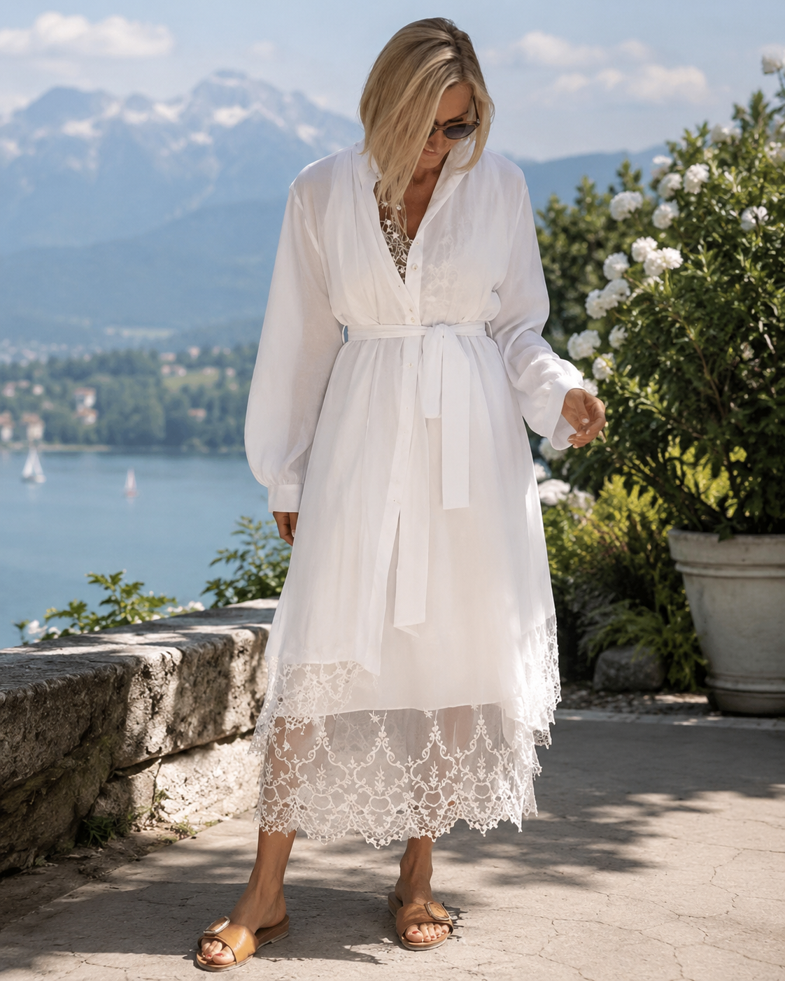 Conjunto mujer vestido fluido con cárdigan y encaje