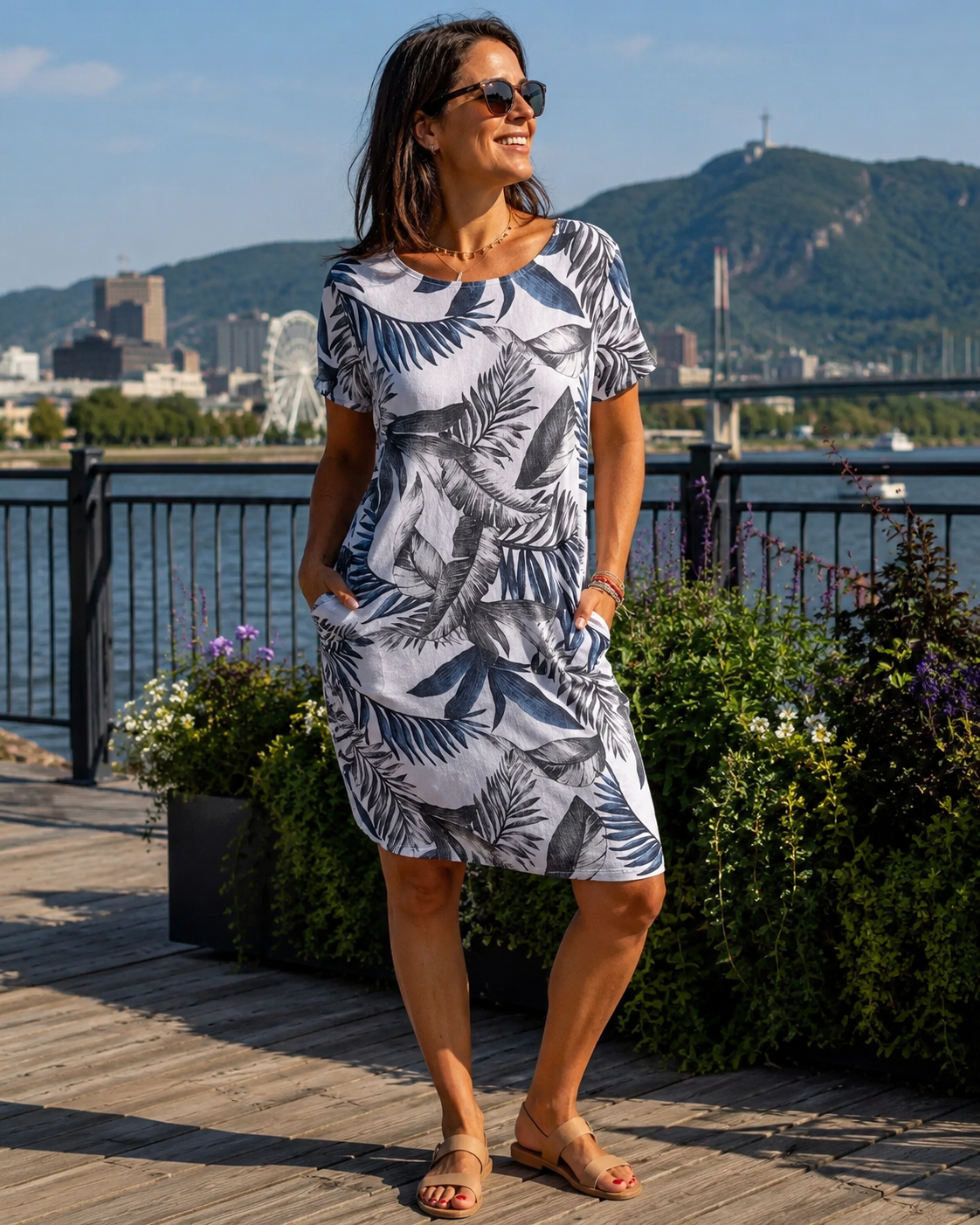 Vestido mujer fluido con estampado vegetal y bolsillos