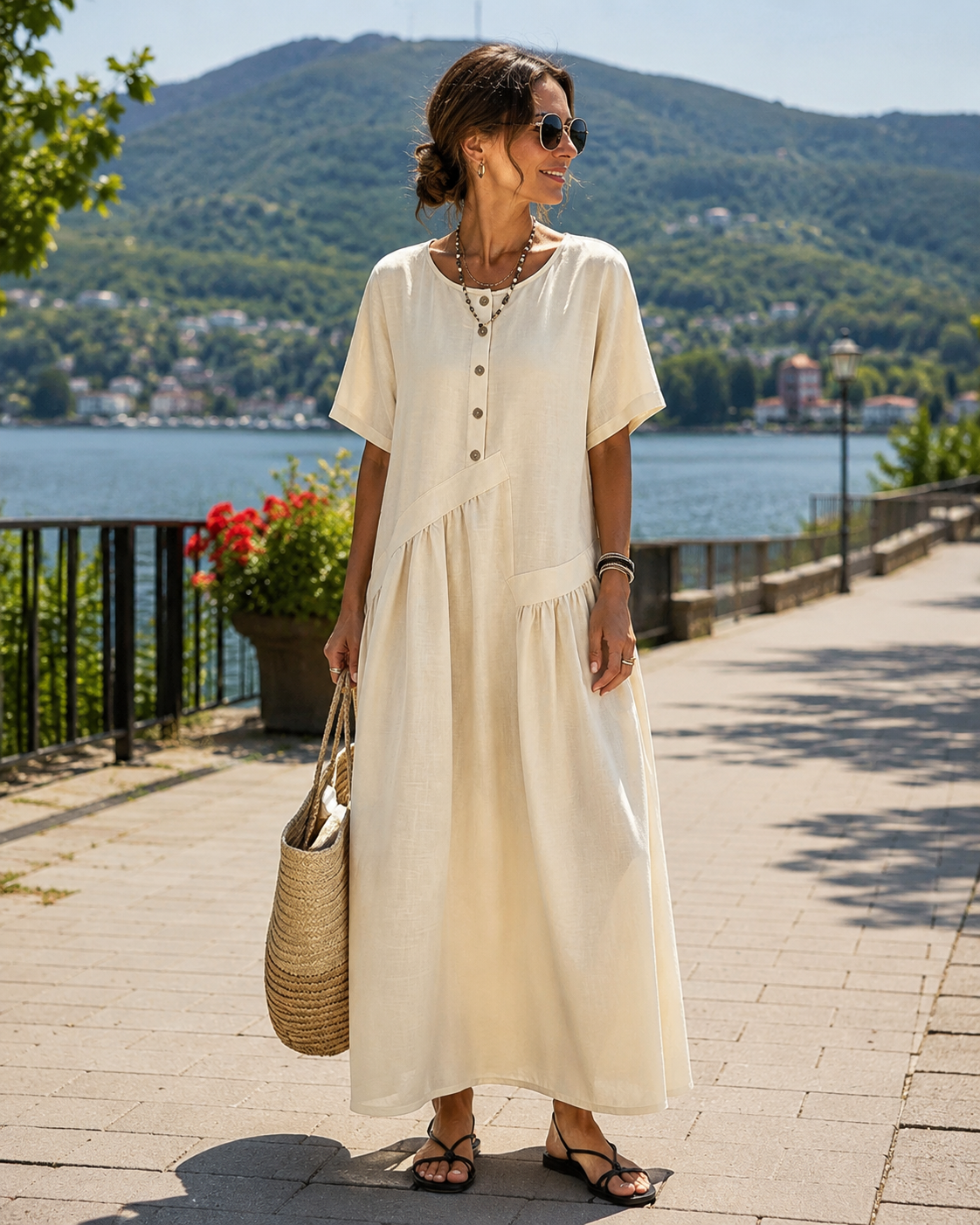 Vestido maxi mujer con botones efecto algodón-lino
