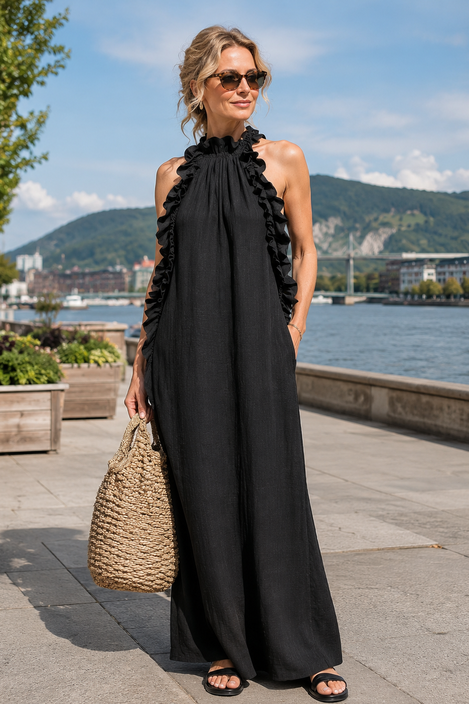 Vestido maxi mujer sin mangas con volantes y bolsillos