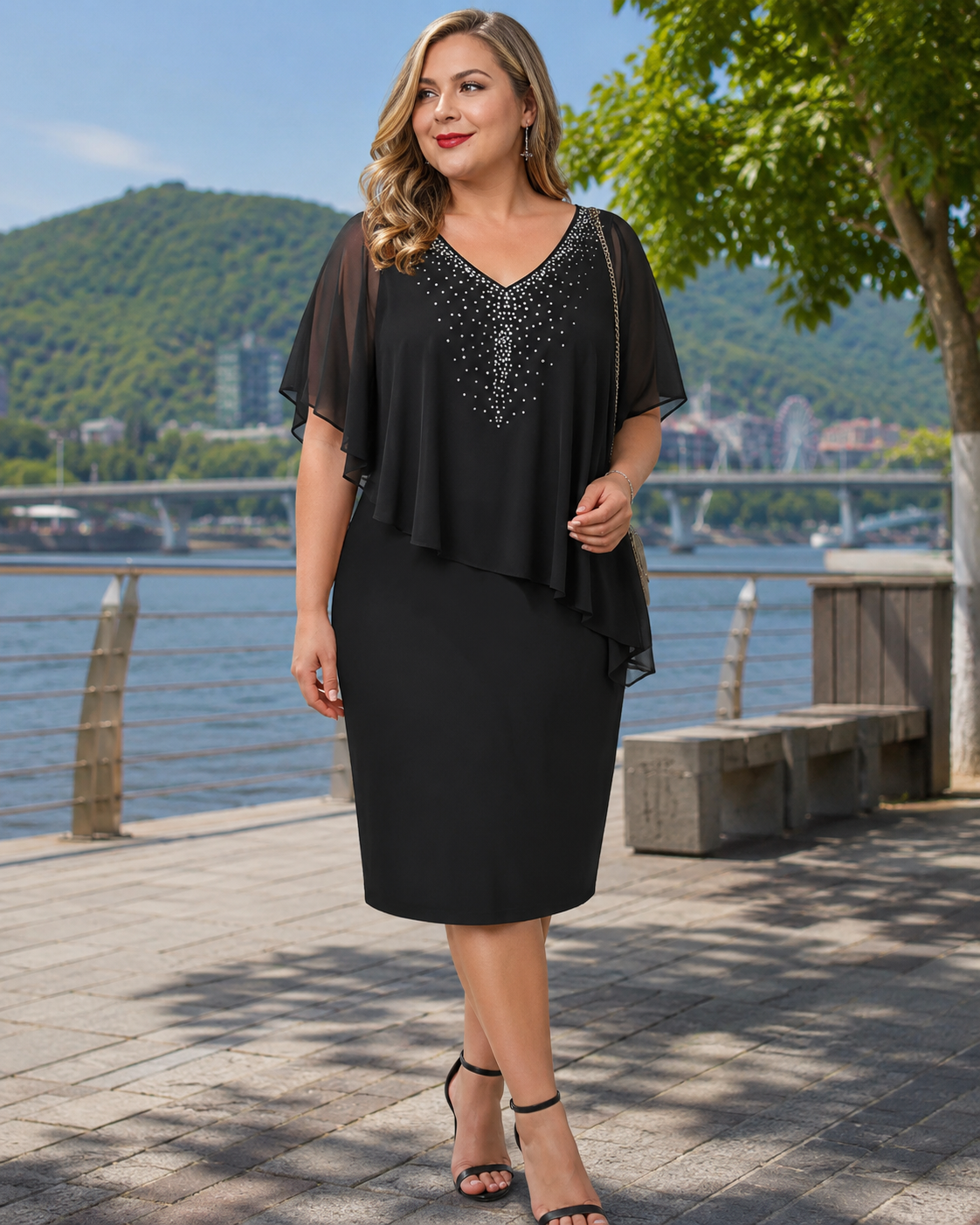 Vestido capa midi para mujer con strass y superposición de gasa