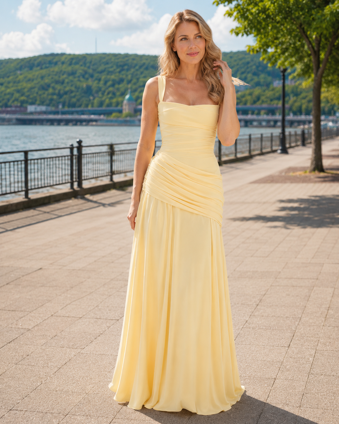 Vestido maxi mujer con escote cuadrado y drapeado lateral