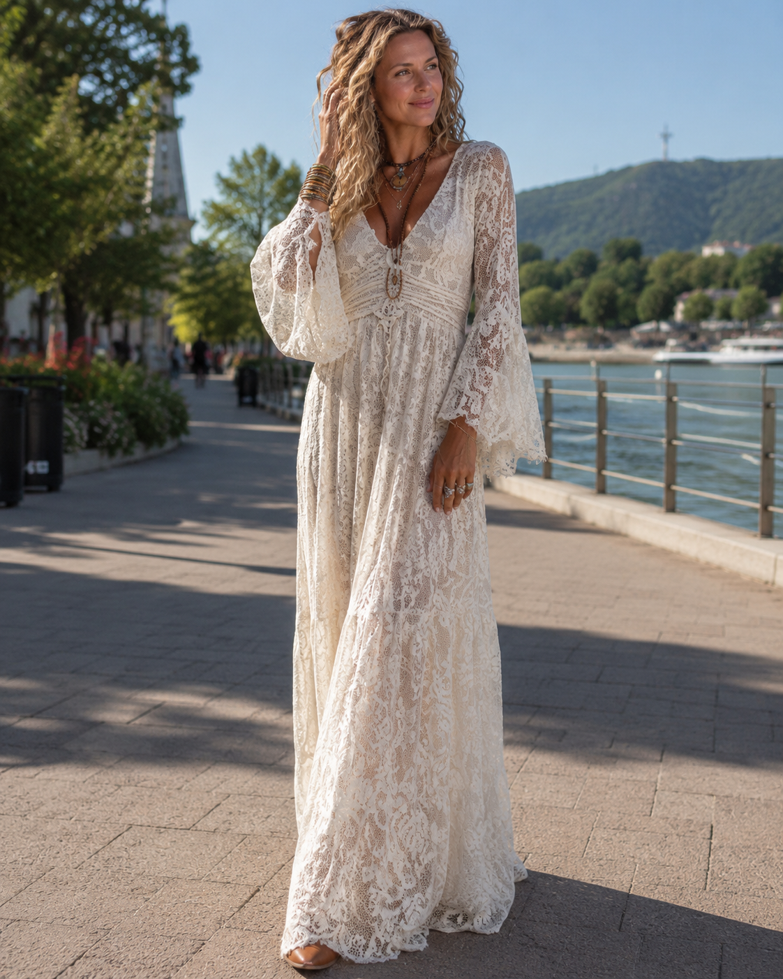 Vestido largo mujer de encaje vintage con mangas acampanadas