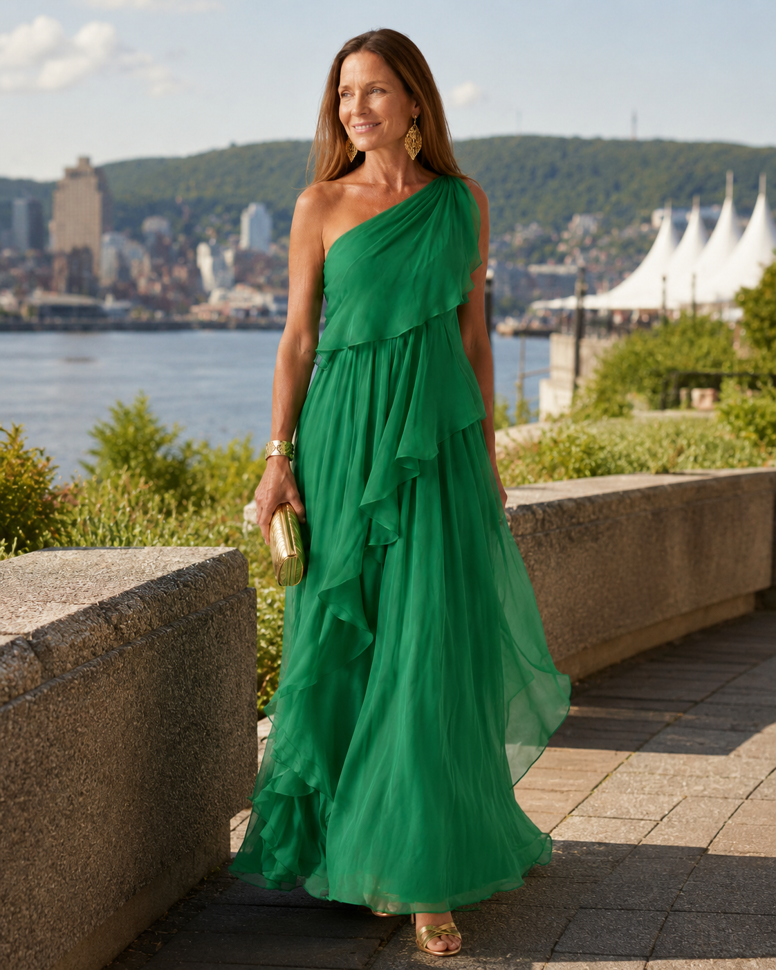 Vestido maxi asimétrico para mujer con volantes