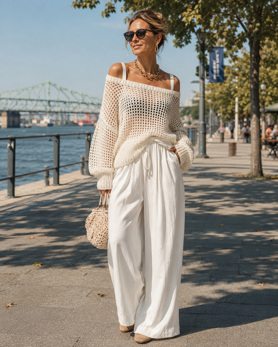 Conjunto de mujer con suéter calado y pantalón ancho