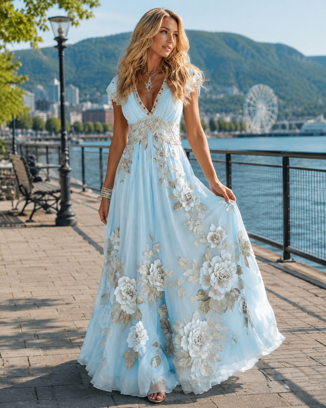 Vestido largo de mujer en chiffon con encaje bordado