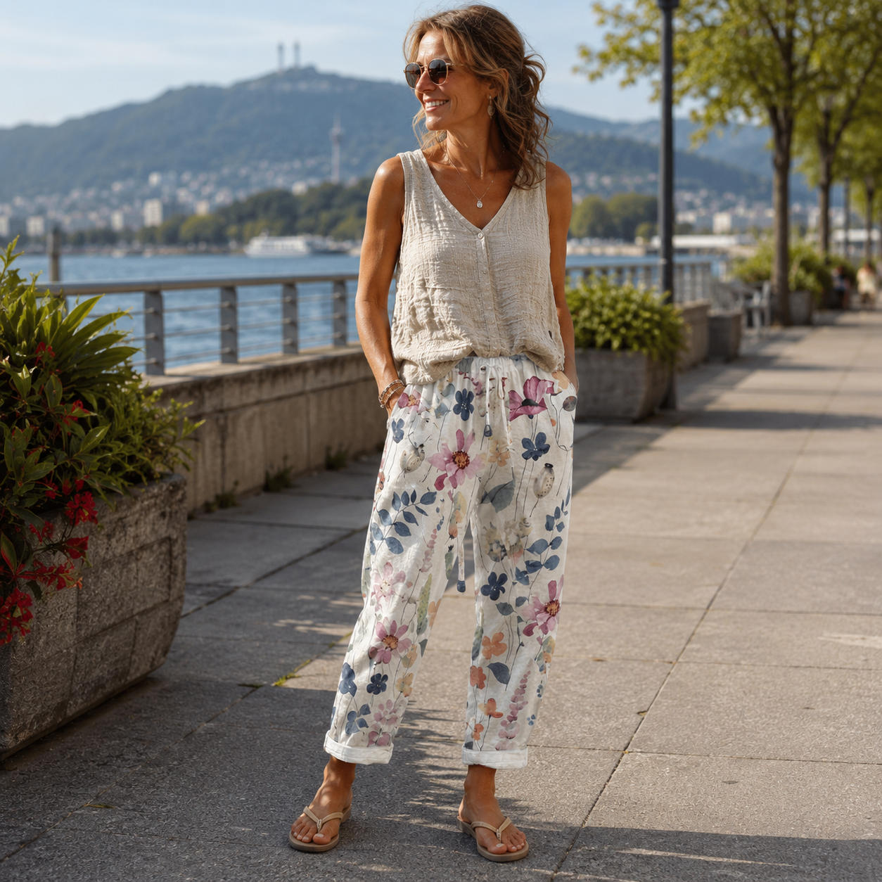 Pantalón floral de poliéster con cintura elástica para verano