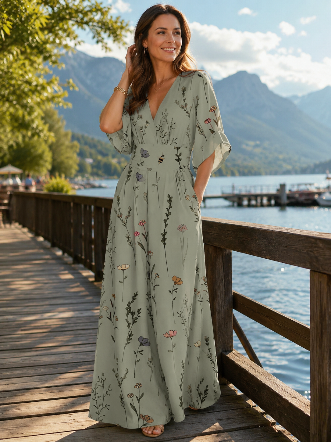 Mono poliéster floral con cintura marcada para verano elegante