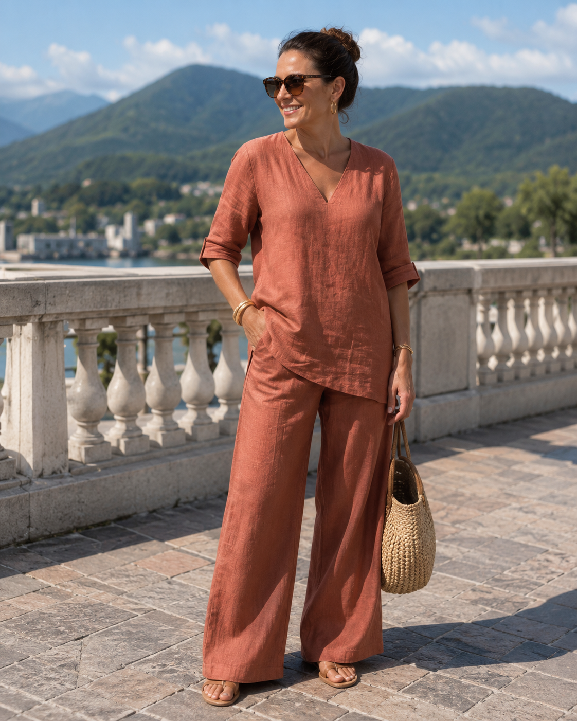 Conjunto de lino y algodón para mujer con pantalón ancho