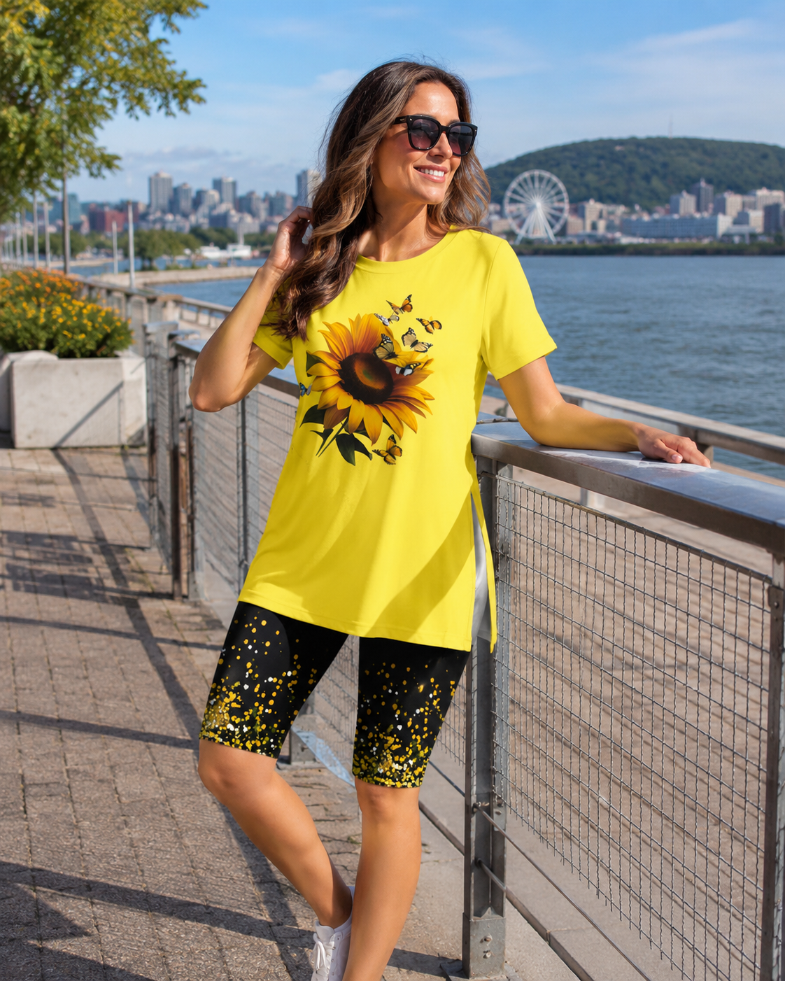 Conjunto de mujer con camiseta de girasol y pantalón corto estampado