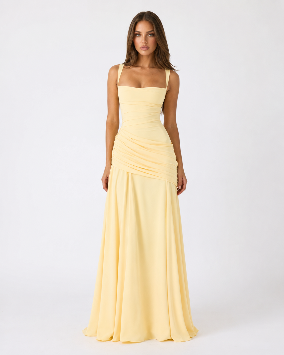Vestido maxi mujer con escote cuadrado y drapeado lateral
