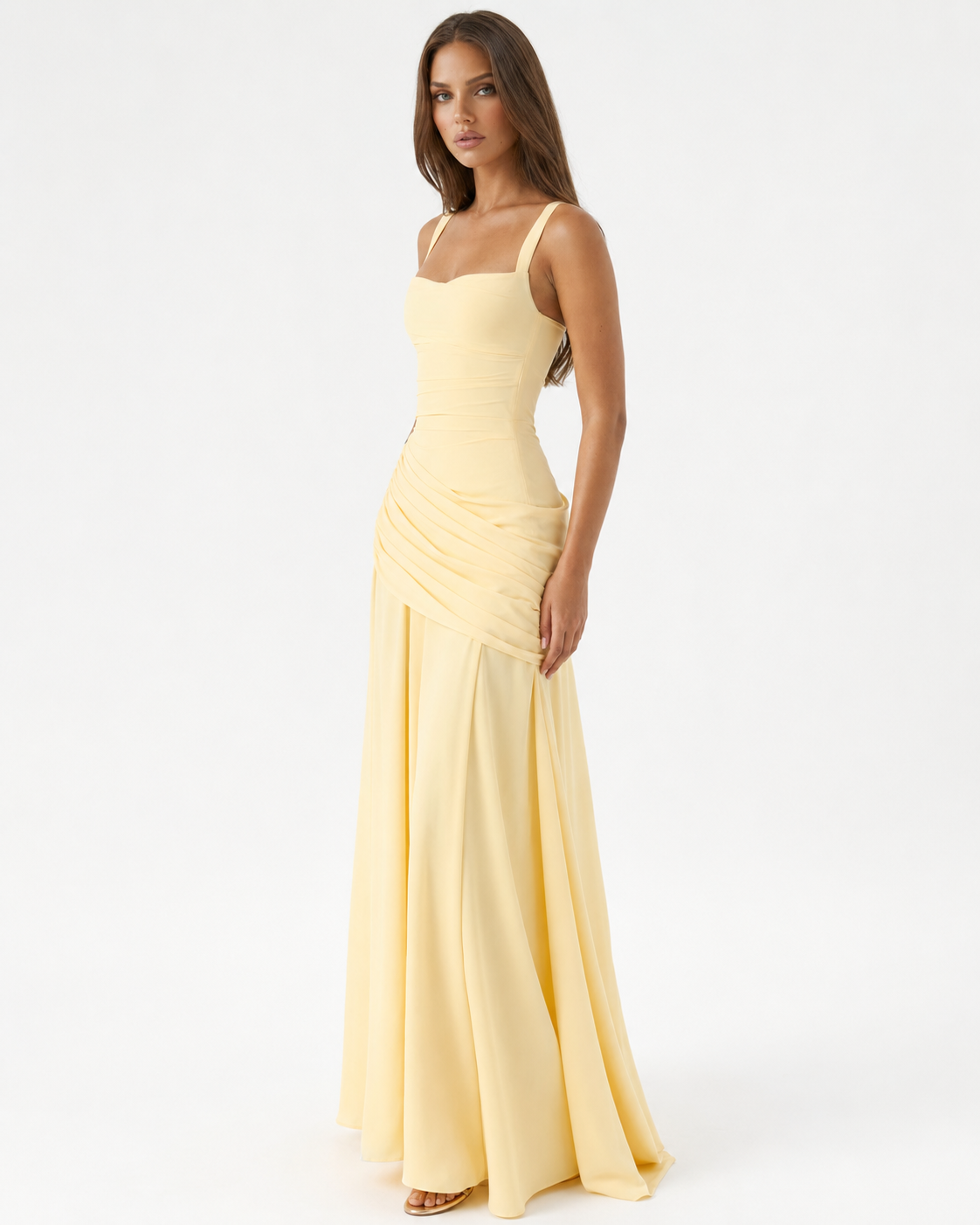 Vestido maxi mujer con escote cuadrado y drapeado lateral