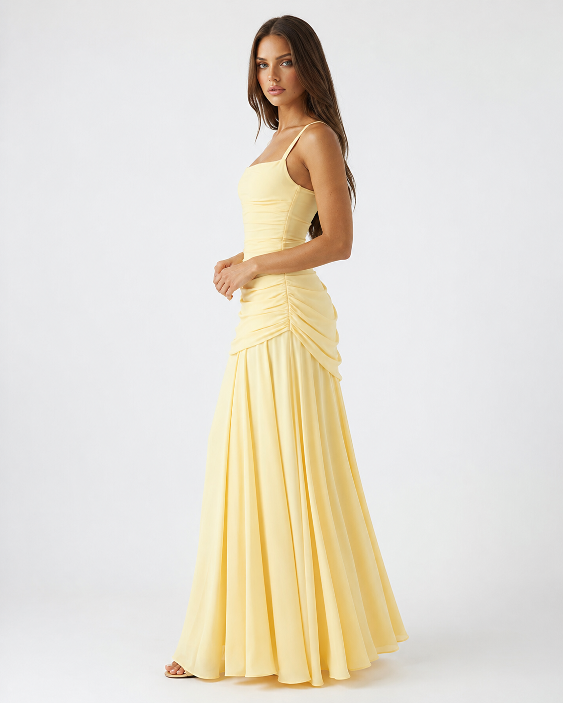 Vestido maxi mujer con escote cuadrado y drapeado lateral