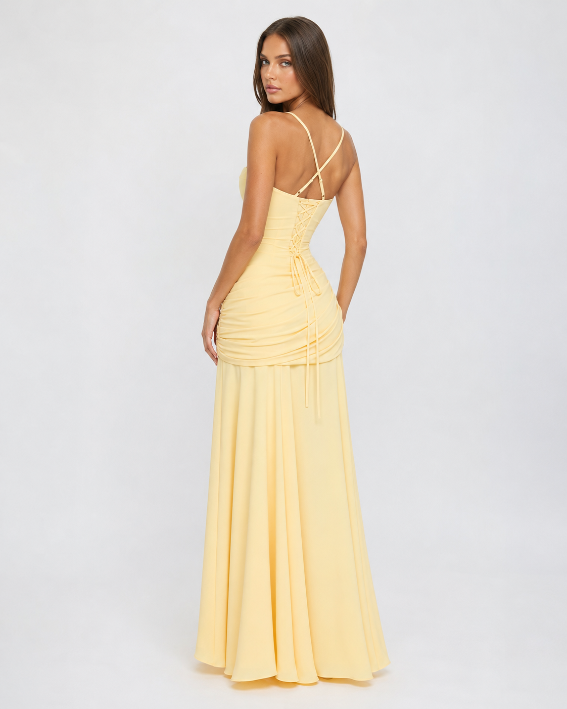 Vestido maxi mujer con escote cuadrado y drapeado lateral
