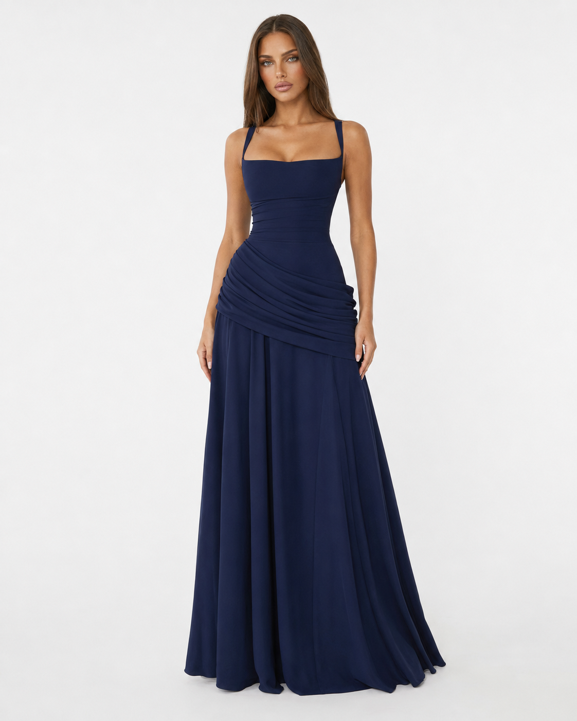 Vestido maxi mujer con escote cuadrado y drapeado lateral