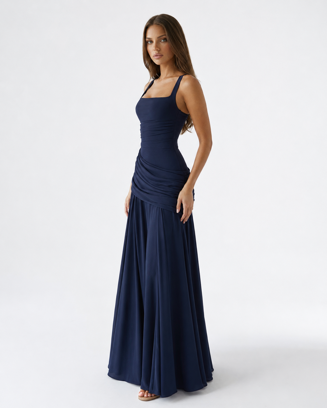 Vestido maxi mujer con escote cuadrado y drapeado lateral