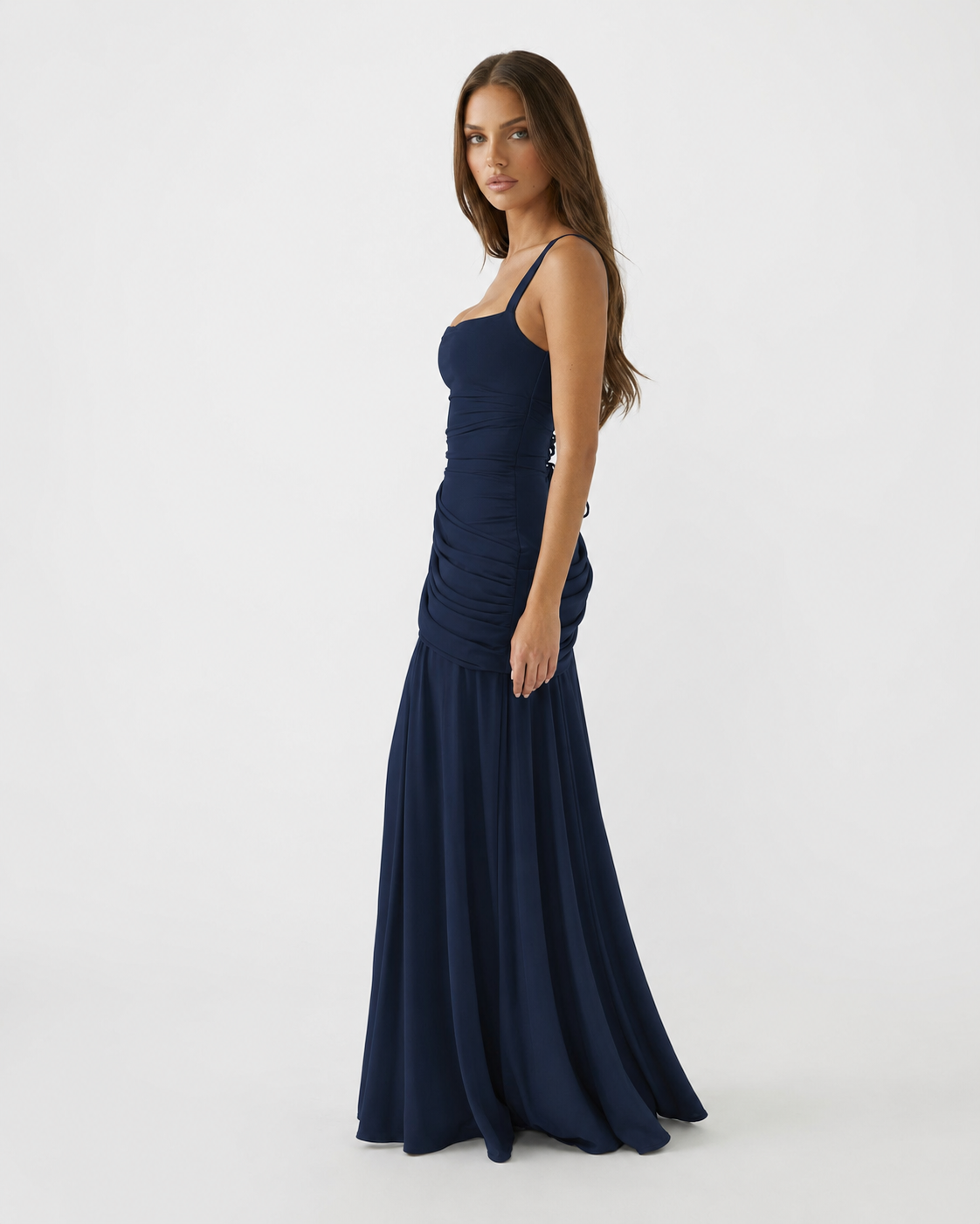 Vestido maxi mujer con escote cuadrado y drapeado lateral