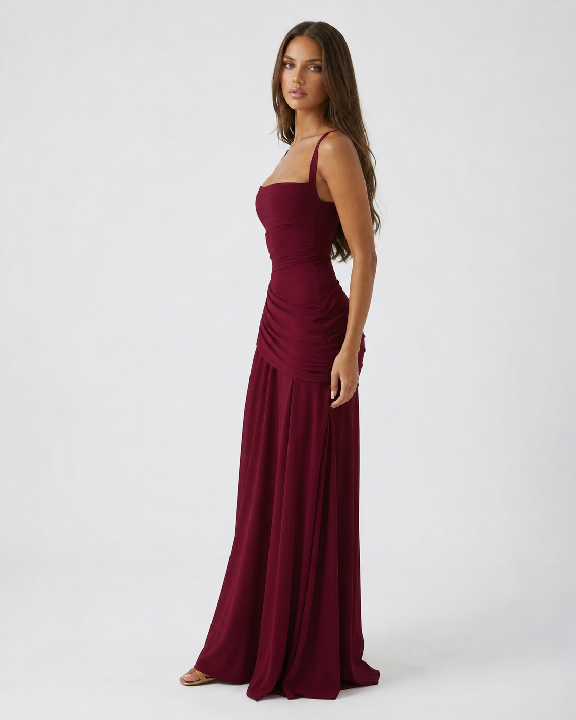 Vestido maxi mujer con escote cuadrado y drapeado lateral