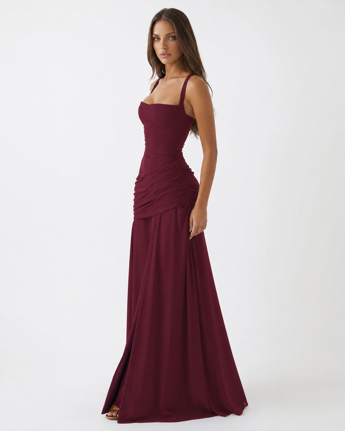 Vestido maxi mujer con escote cuadrado y drapeado lateral