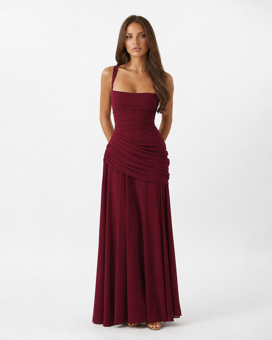 Vestido maxi mujer con escote cuadrado y drapeado lateral