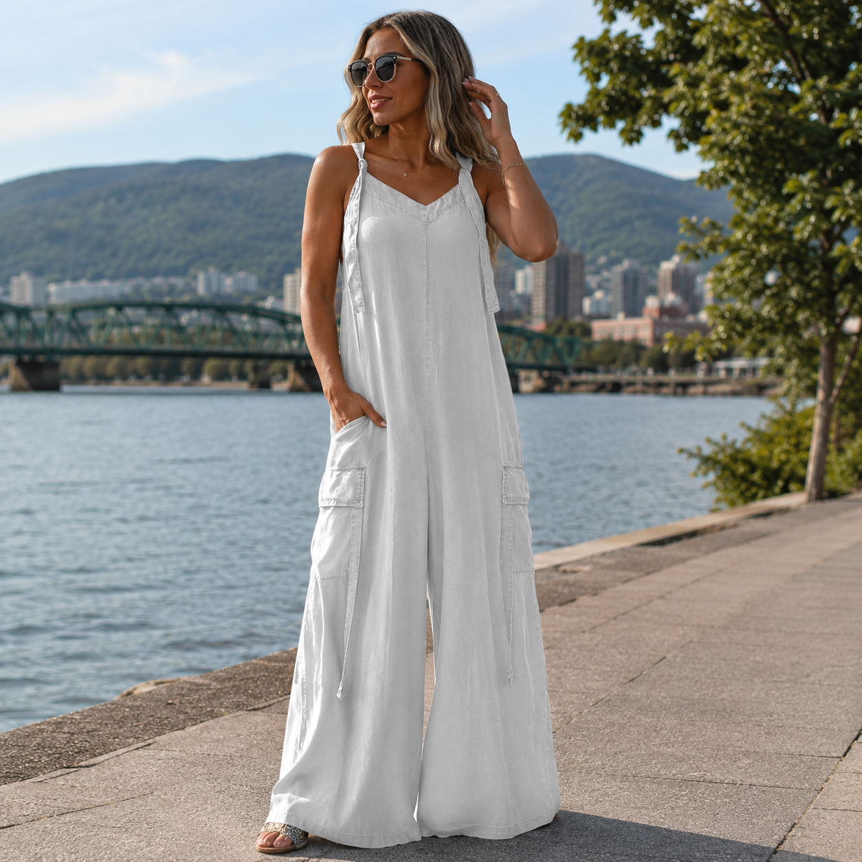 Vestido largo para mujer con tirantes ajustables y bolsillos laterales